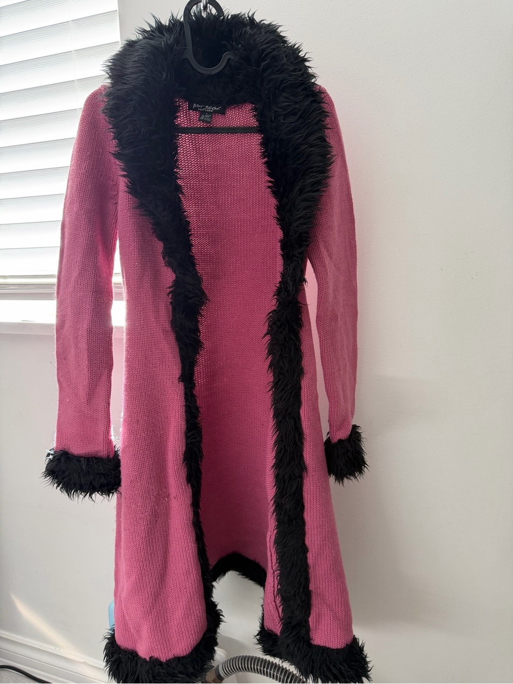 Betsey Johnson Pink Long Cardigan with Black Faux-Fur Trim